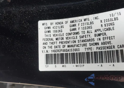 2016 Honda Accord Ex-L z USA, uszkodzony, nr VIN 1HGCR2F86GA053660